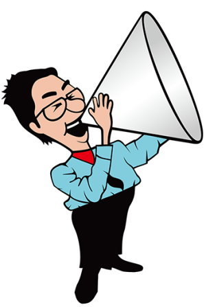 Cartoon of Tony Meeker shouting into a megaphone